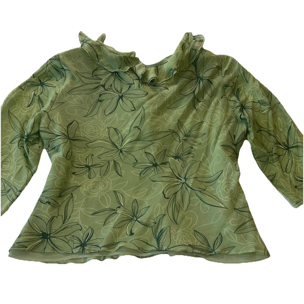 Papell Petites Silk Sage Green Flower Ruffle Blouse Boho Romantic Fairy Sheer - Picture 2 of 10